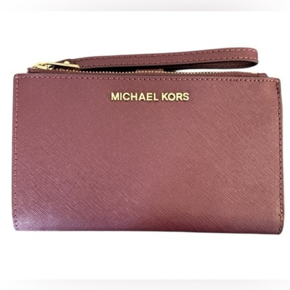NWOT Michael Kors Maroon Double Zip Wristlet with Gold Accents - Picture 3 of 8